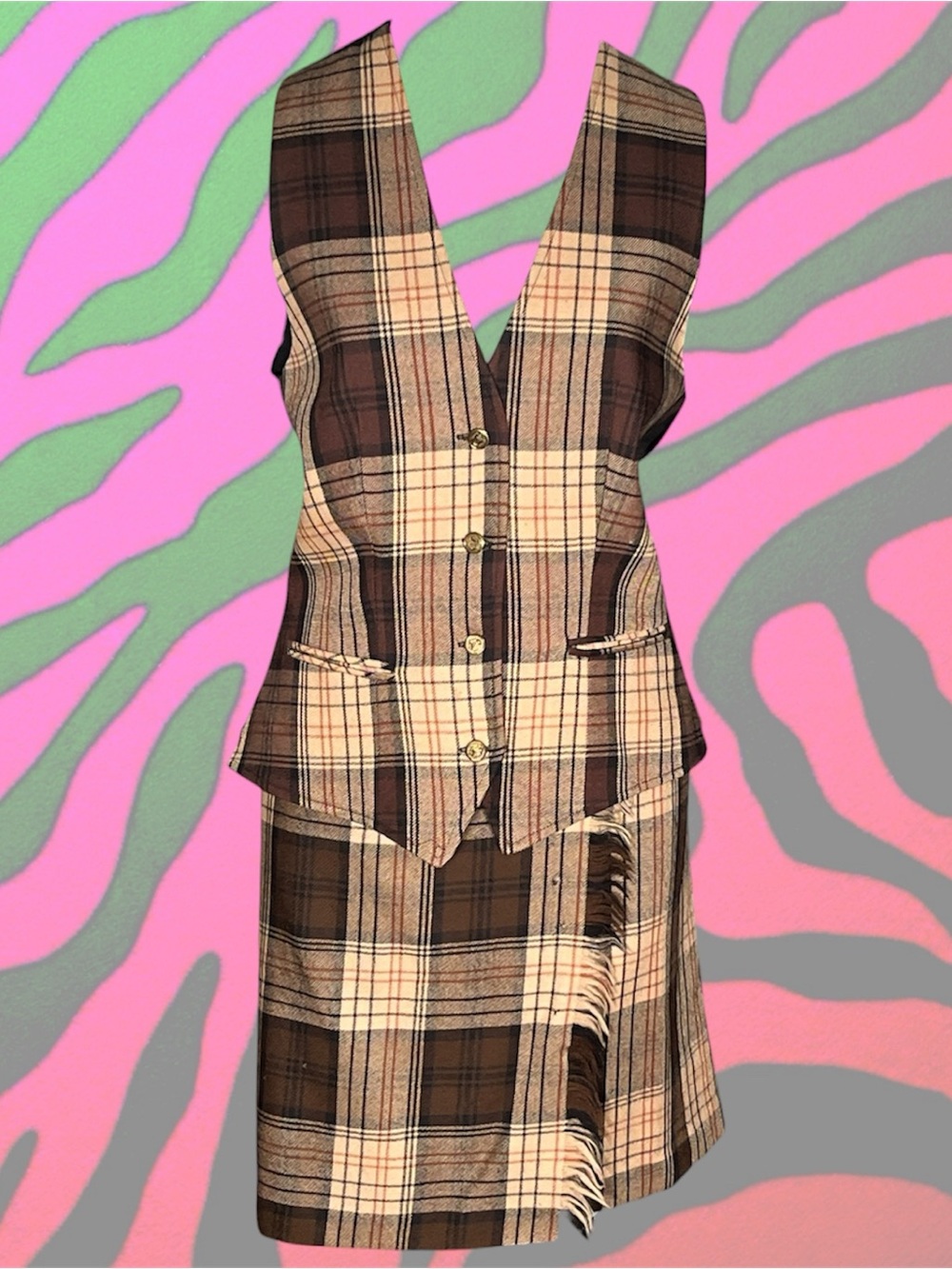plaid two-piece vest & skirt set in brown and tan